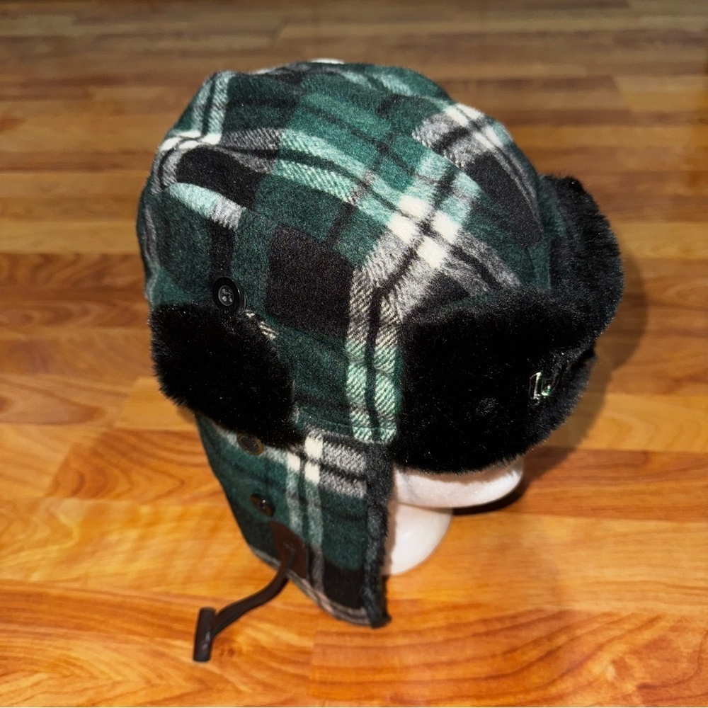 Oswego Green Plaid Trapper Style Hat Green,  White & Black Plaid Wool Ear Warmer - Picture 4 of 12